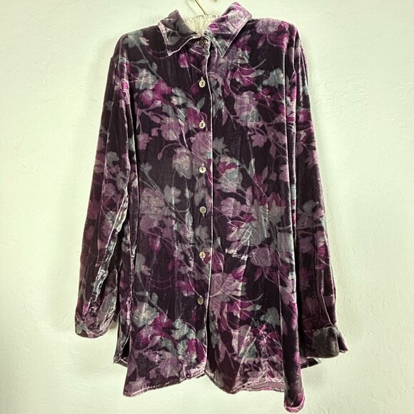 Coldwater Creek Tops - Coldwater Creek Womens Button Up Floral Velvet Tunic Top Medium Purple Back-Slit